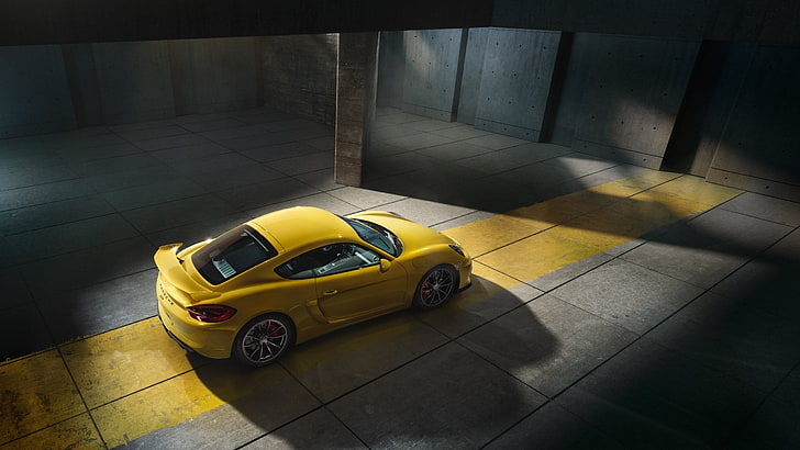 yellow coupe in garage, car, Porsche, Porsche Cayman, Porsche Cayman GT4