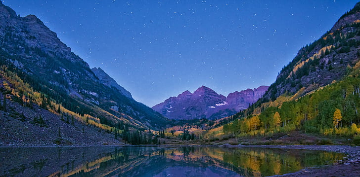 mountains with trees near body of water, Alpenglow, Maroon Bells