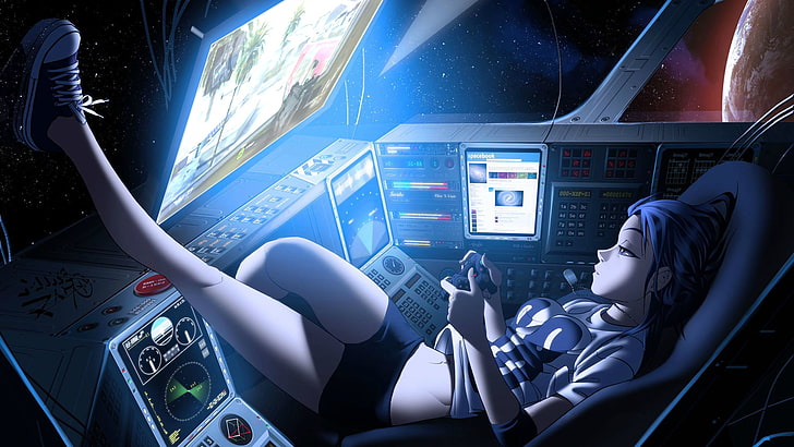 anime, cockpit, control panel, computer, light, design, modern