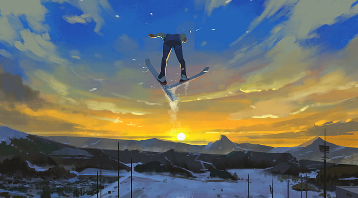 men, Shin jong hun, snow, evening, painting