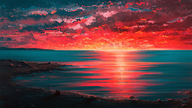 blue body of water, artwork, Aenami, beauty in nature, sunset