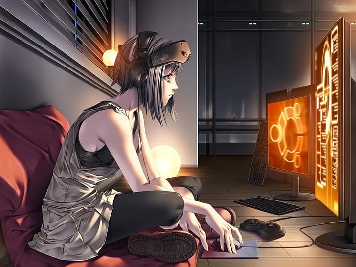 digital art, anime girls, computer, Ubuntu, technology, communication