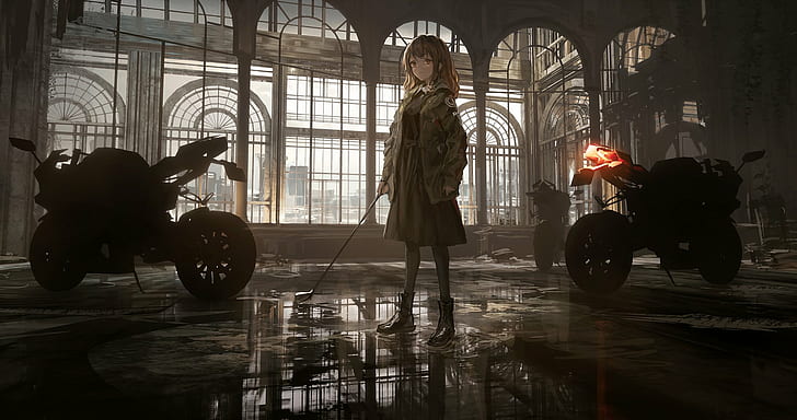 THE-LM7, jacket, building, anime, standing, water, motorcycle, HD wallpaper