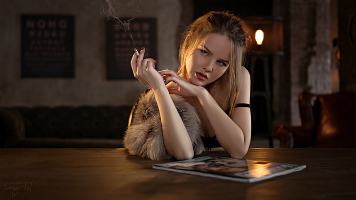 women, Kristina Yakimova, Sergey Fat, red lipstick, cigarettes, HD wallpaper