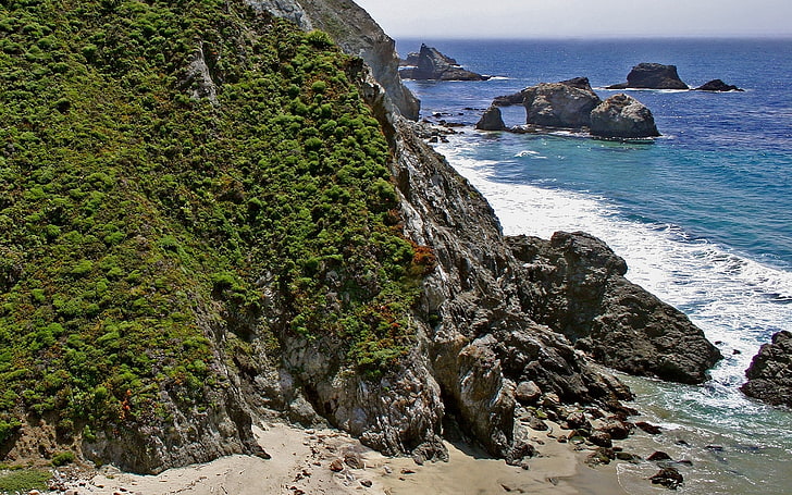 green boulder, rocks, vegetation, greens, coast, sea, coastline, HD wallpaper