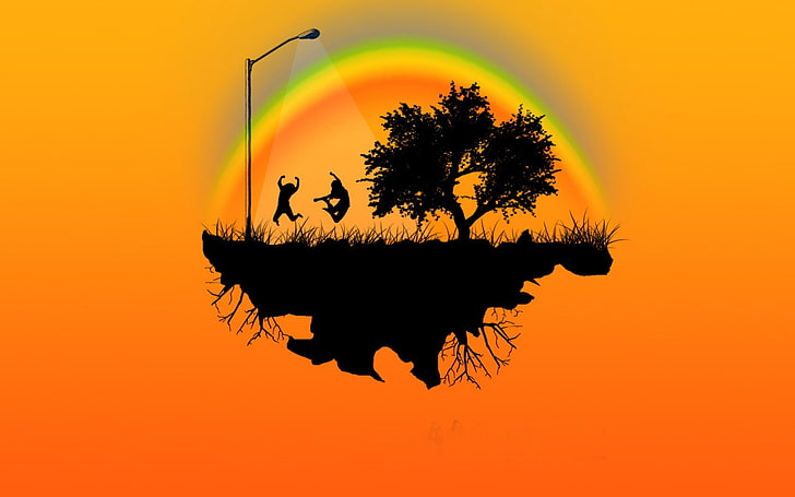 vector art, colorful, tree, orange color, sunset, silhouette, HD wallpaper