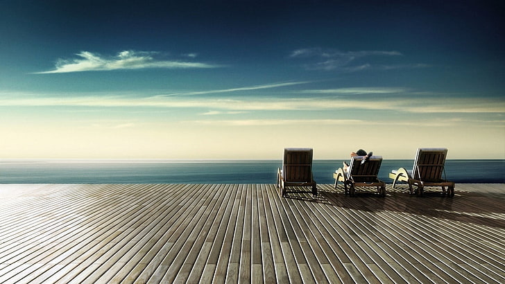 black pool deckchairs, deck chairs, aerial view, stairs, clouds, HD wallpaper