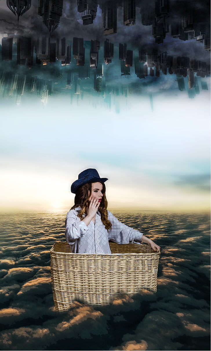 Photoshop, concept art, one person, basket, hat, adult, clothing