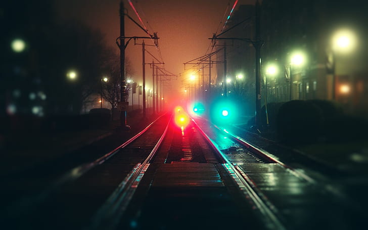 City, night, rails, fog, bokeh, colorful lights