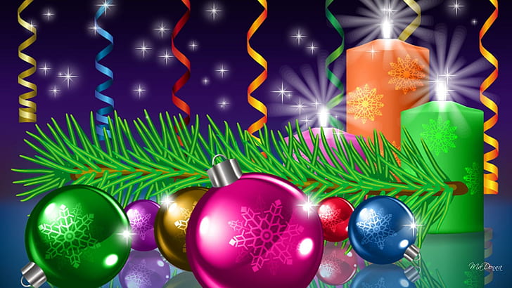 A Shine So Bright, decorations, pine, christmas, balls, streamiers