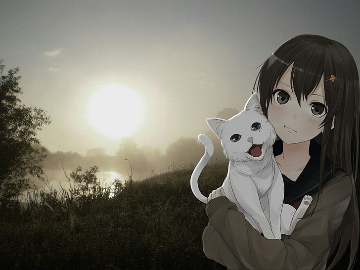 white and black cat plush toy, anime, sky, one person, portrait, HD wallpaper