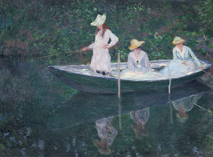 reflection, girls, picture, hat, rod, Claude Monet, genre, In The Norwegian Boat. Giverny