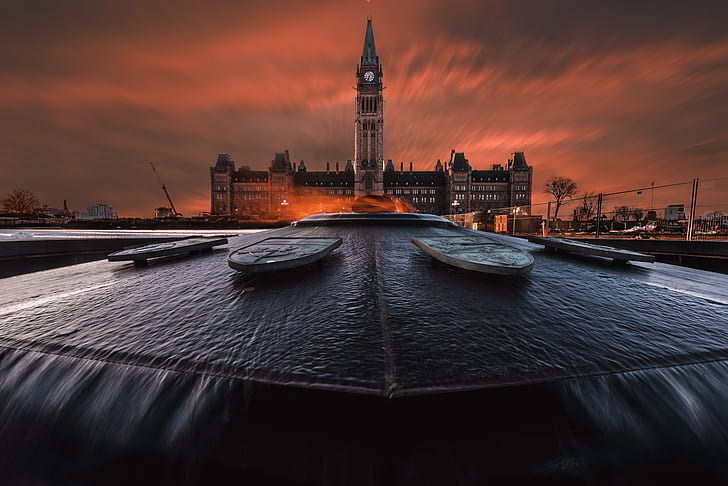 night, the city, Canada, fountain, Ottawa, Peace Tower, HD wallpaper