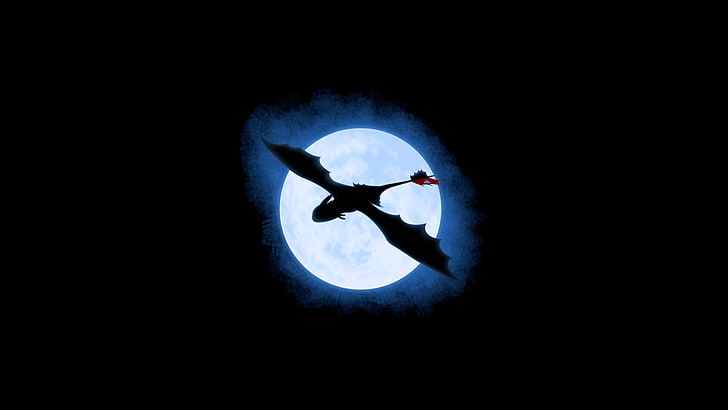 How to Train Your Dragon, movies, Toothless, Moon, night, minimalism, HD wallpaper