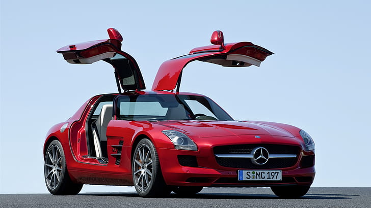 HD wallpaper: Mercedes Benz, red cars, clear sky, asphalt, open door,  sports car | Wallpaper Flare