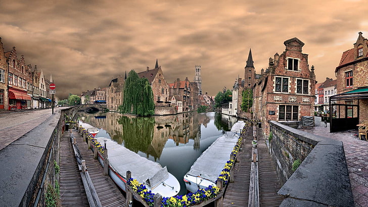 panoramic photo of building and road, cityscape, HDR, Bruges, HD wallpaper