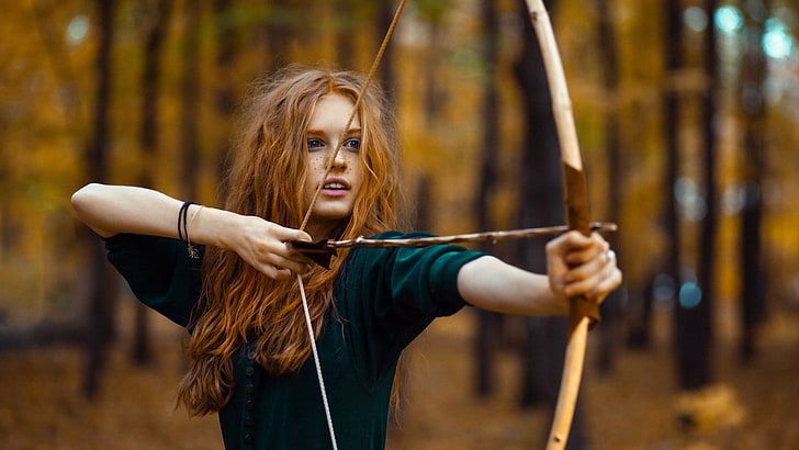 brown and beige bow, women, long hair, wavy hair, redhead, bow and arrow, HD wallpaper