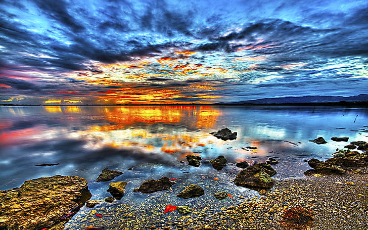 is this the way Beach Clouds colorful island mountain Reflection rocks Sea sunset HD, HD wallpaper