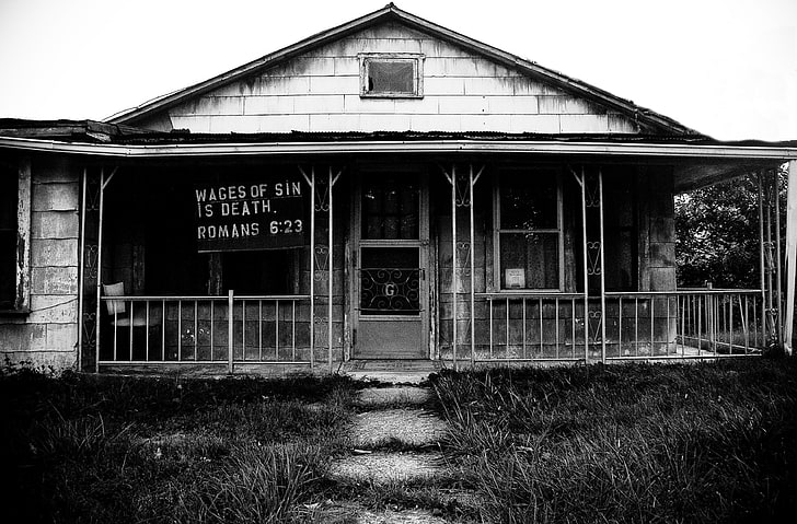 grayscale photo of house, monochrome, abandoned, built structure