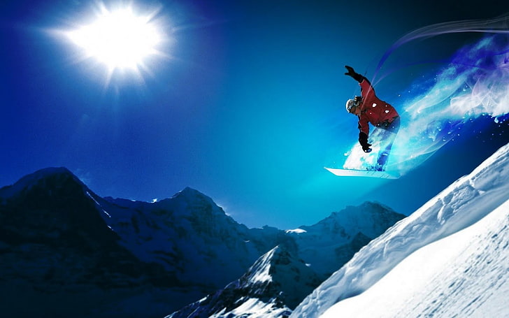 men's red snow jacket, snowboarding, jumping, mountains, sport, HD wallpaper