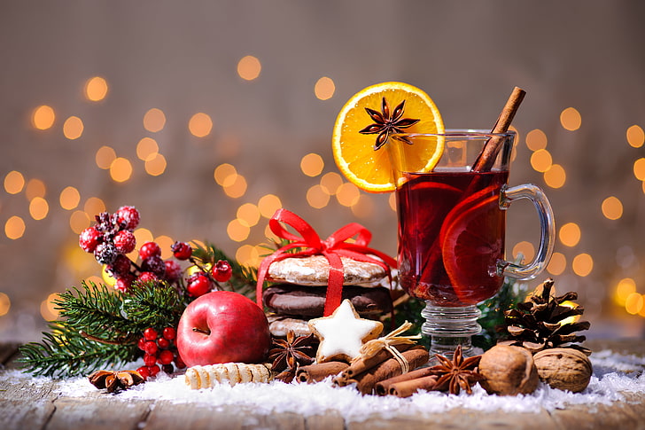 clear glass mug, Apple, New Year, cookies, Christmas, nuts, cinnamon