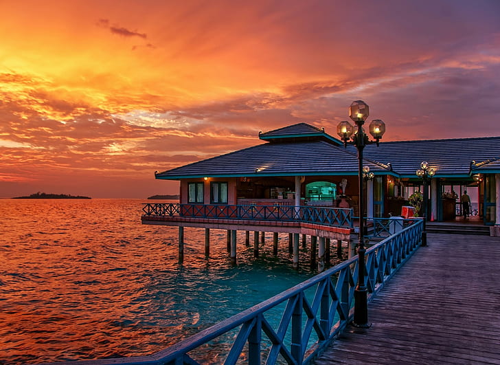 Maldives, Resort, Sunset, Sea, Tropical, Sky, Walkway, Water, Nature, Landscape, Summer, HD wallpaper