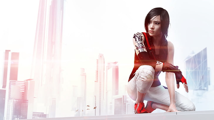 woman wearing black tank top and white jeans outfit, mirrors edge, HD wallpaper