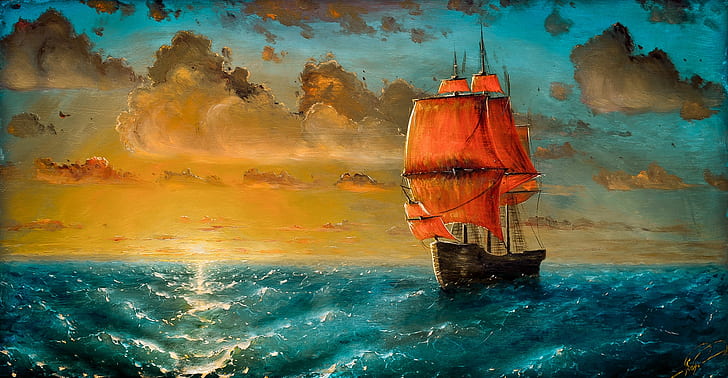 Artwork, Ship, Sailing Ship, Sea, 2293x1190, HD wallpaper