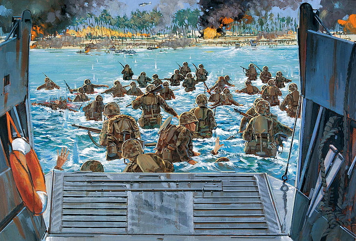 soldiers on water canvas painting, victory, art, artist, USA, HD wallpaper