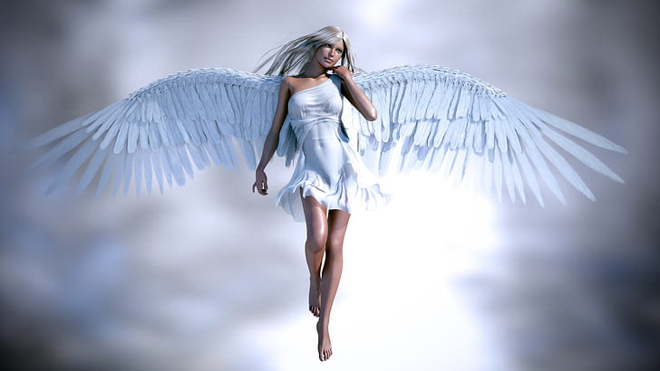 Beautiful angel girl, white clothes and wings, woman in white dress and white wings character