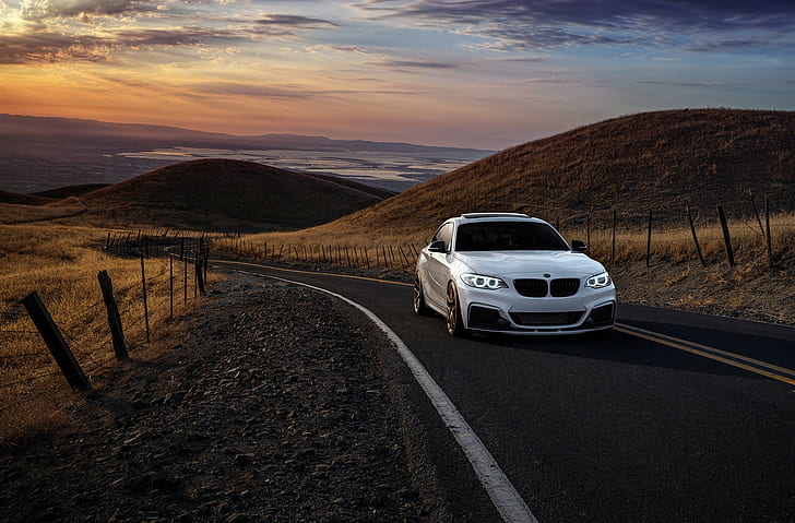 BMW M235i, white bmw car, Sunset, Front, Vneels, Avant, Garde, HD wallpaper