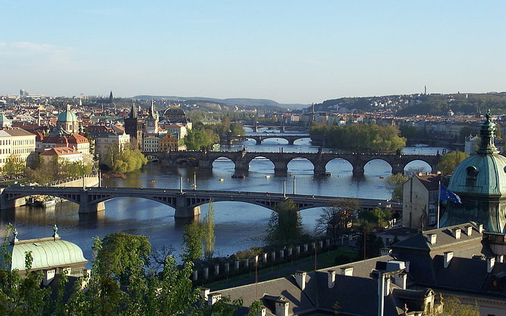 Prague, bridge, city, cityscape, river, built structure, architecture, HD wallpaper