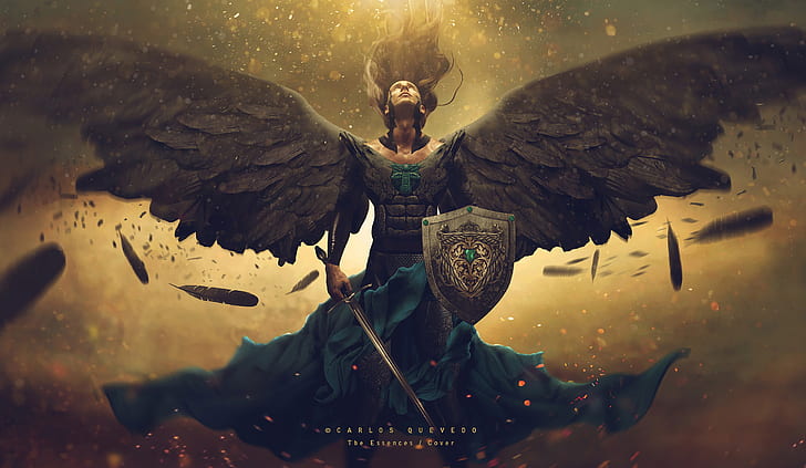 sword, shield, armor, Photoshop, wings, angel, Carlos Quevedo