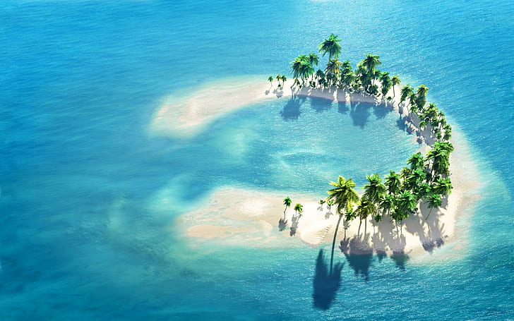 island, sea, palm trees, digital art, artwork, HD wallpaper