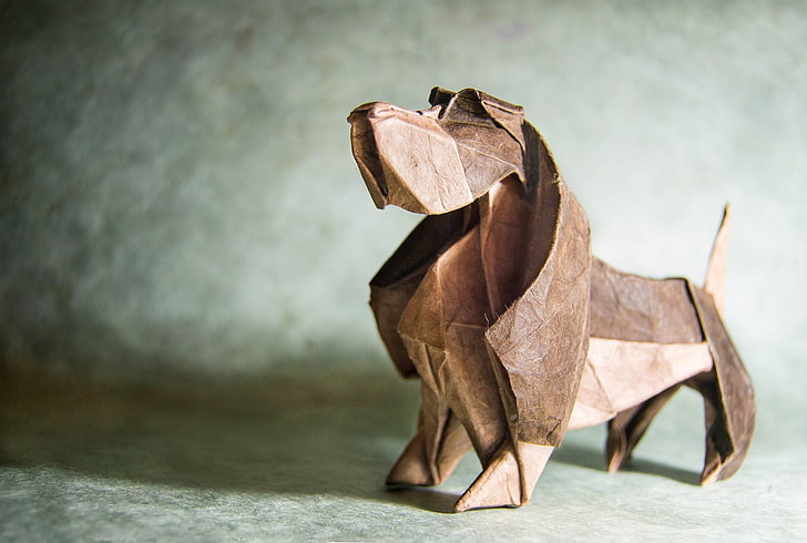 brown wooden horse figurine table decor, origami, dog, animals