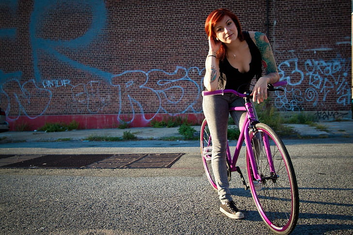 Bicycle, Fixed Gear, Fixie, model, Simple Background, women, HD wallpaper