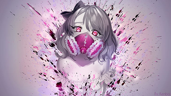 anime, anime girls, gas masks, splatter, paint splatter, pink