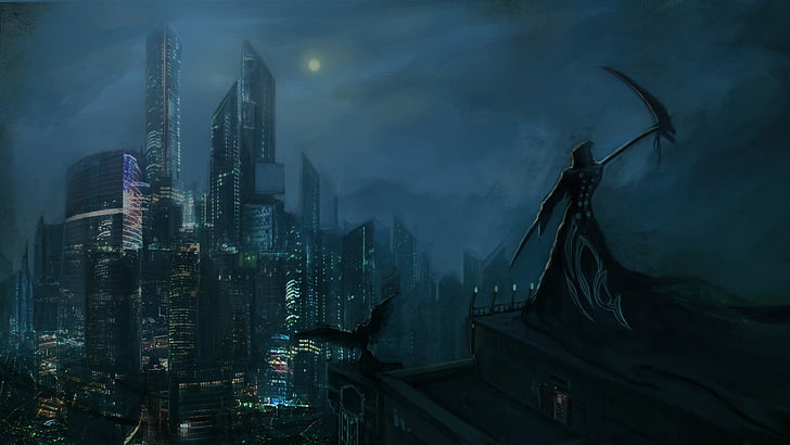 grim reaper illustration, Grim Reaper illustration, artwork, cityscape