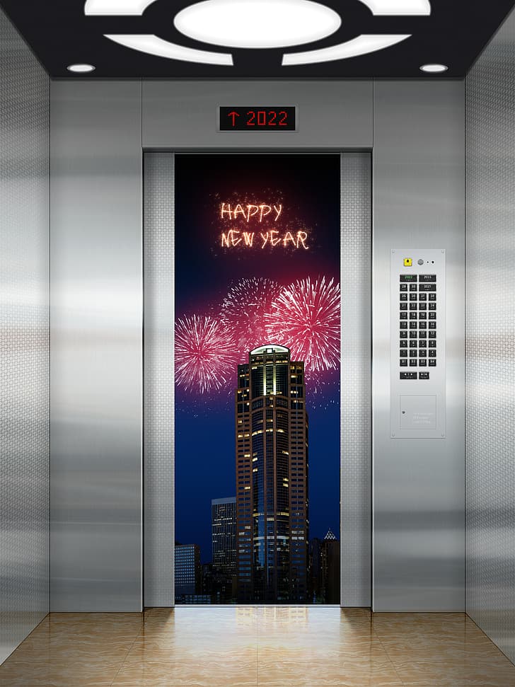 2022 (Year), Happy New Year, elevator, building, fireworks