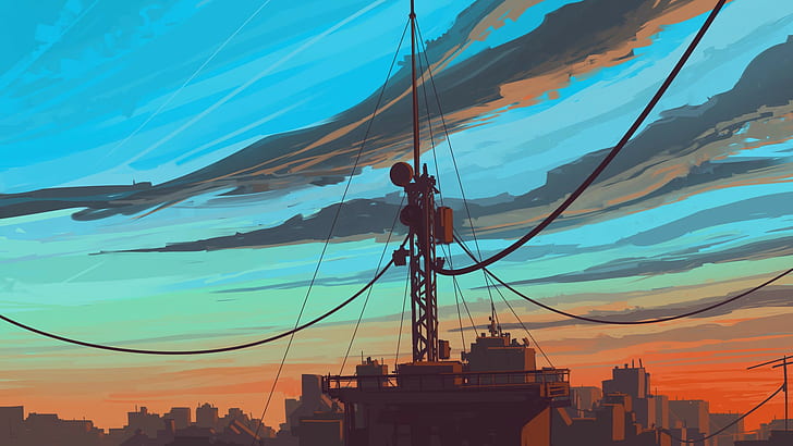artwork, clouds, sky, cityscape, antenna