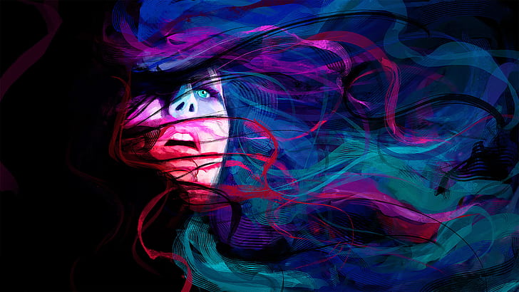 abstract, colors, emotion, eyes, face, females, girl, lines