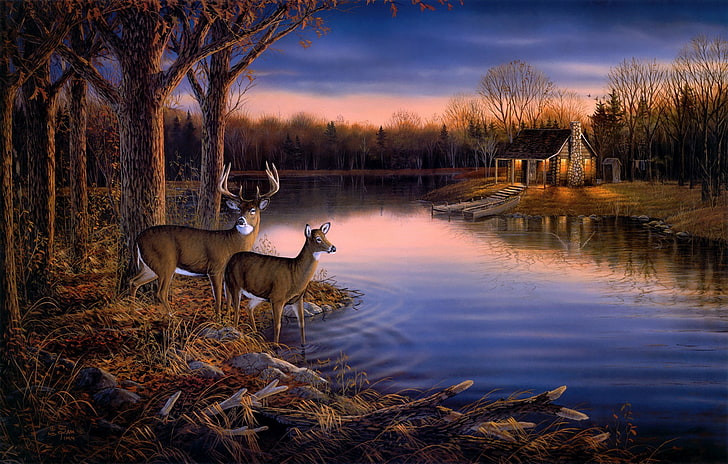 deer and stag painting, autumn, forest, animals, water, trees, HD wallpaper