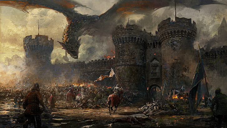 fantasy art, siege, dragon, knight, Cavalry, wall, banner, fire