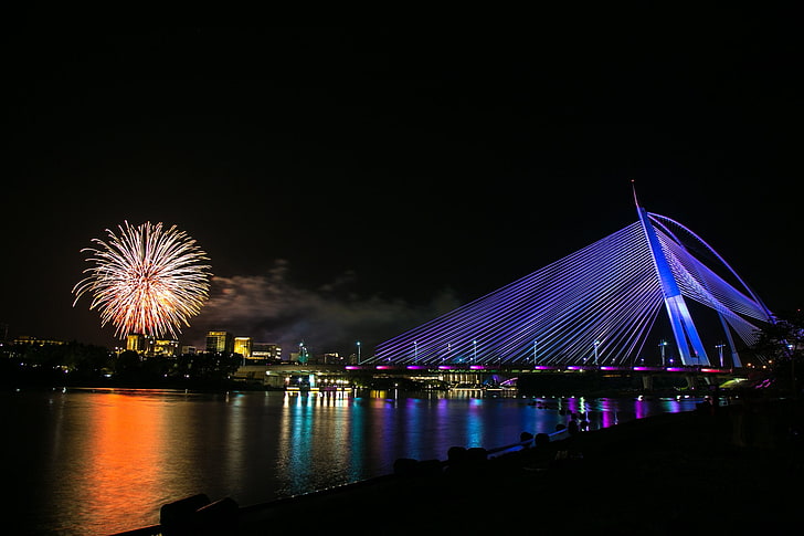 Bridges, Seri Wawasan Bridge, Fireworks, Malaysia, Night, Putrajaya, HD wallpaper