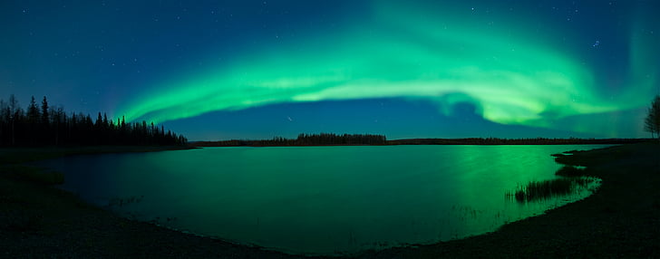 alaska, aurora, dual, lake, meteor, monitor, multi, night, sci, HD wallpaper