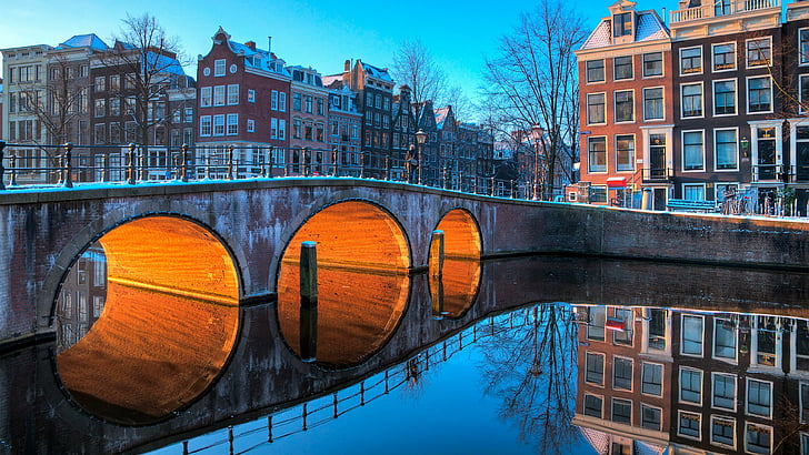 bridge, snow, canal, city, buildings, winter, netherlands, amsterdam