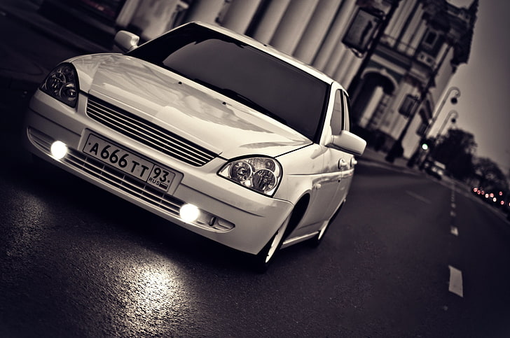 white sedan, road, VAZ, Lada, prior, the asvaltu, priora, car, HD wallpaper
