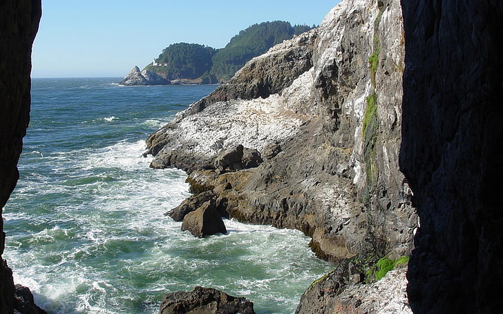 brown rocks, sea, water, shade, waves, gorge, coastline, cliff, HD wallpaper