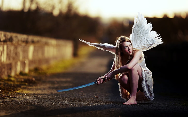 angel, katana, blonde, women, wings, model, sword, full length, HD wallpaper