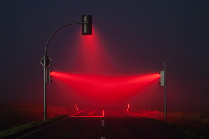 gray traffic light wallpaper, traffic lights, mist, red, blue